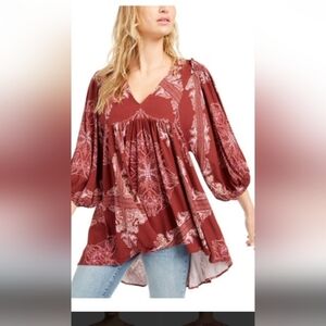 Free People Girl Talk High Low Paisley Floral Blouse With Balloon Sleeves XS